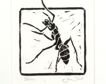 Soldier - hand printed linocut print of an ant