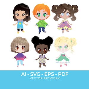 6 Character Vector Art, Children Clipart, Kids PNG, Boy and Girl SVG, PDF Illustrations