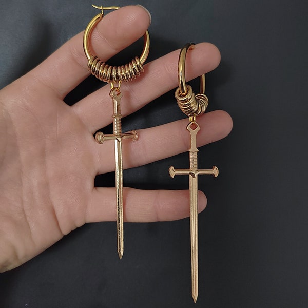 GOLDCOLORED RINGED SWORD Hoop Earrings ab 15 Euro *best gift idea for man woman all genders alternative punk witchy girls*