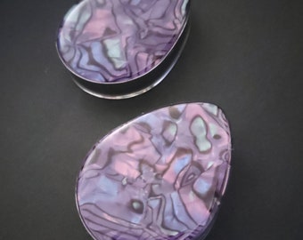 SILVERCOLORED TEARDROP TUNNELS Plugs with "Purple" Acryl Inlay ab 20 Euro