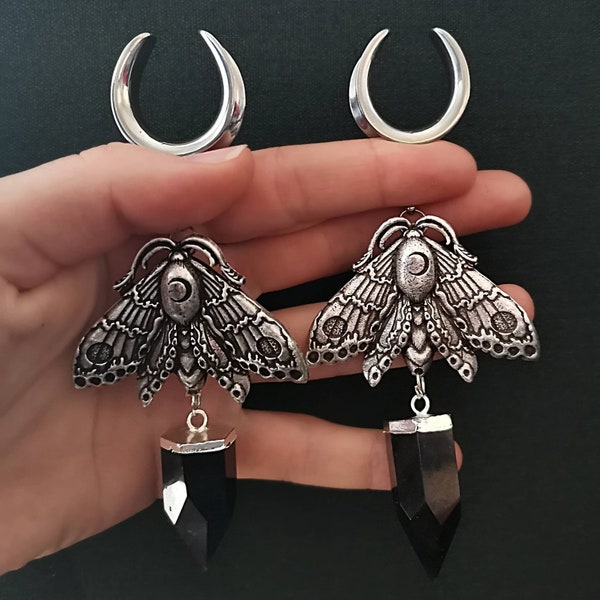 SILVERCOLORED MOTH OBSIDIAN Saddle Hangers ab 30 Euro *best gift idea for man woman all genders alternative punk witchy girls* Earweights