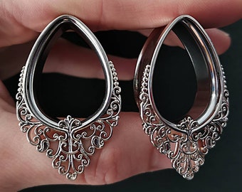 Silvercolored Filigree Orient Teardrop Tunnels Sold as Pair