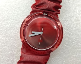 New vintage Midi Pop Swatch ROUGE PMR100 in red gradient never worn with new battery, red textile band, great for collectors, birthday gift