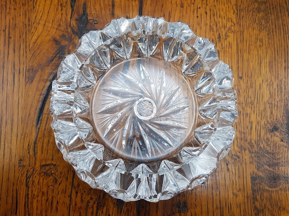 Large Vintage Crystal Glass Ashtray, Pinwheel Star Cut Heavy Large Vintage Crystal Glass Ashtray, Pinwheel Star Cut Heavy
