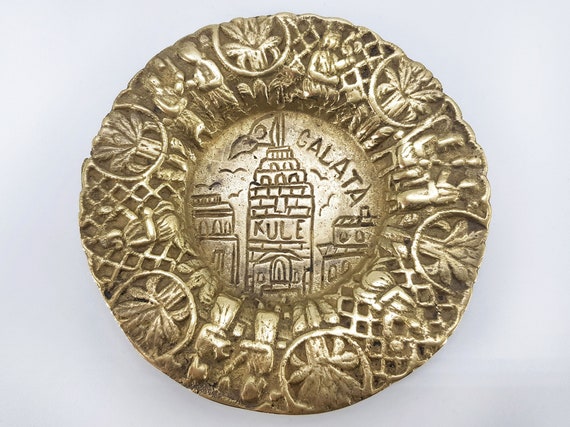 Brass Vintage Plate Tray Galata Tower Istanbul, 50s Solid Brass