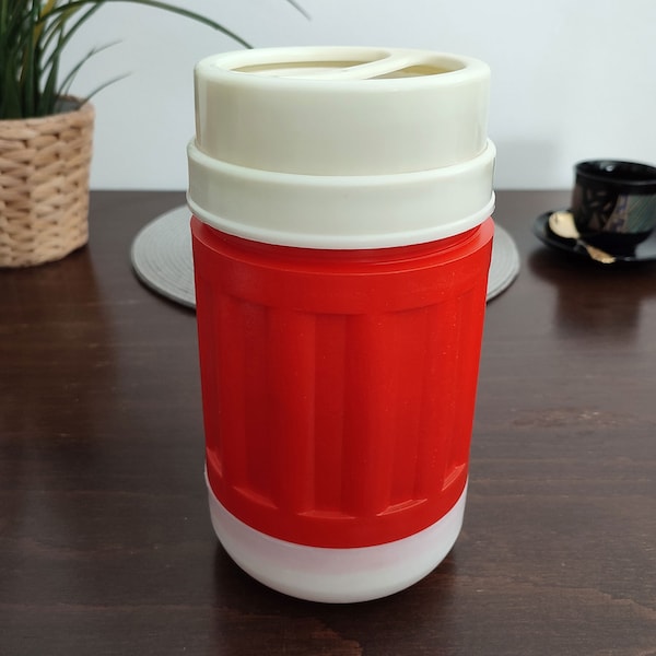 Vintage 70s red thermos container, picnic lunch work travel thermos bottle with glass insert, kitchen decoration, gift for lovers of the 70s