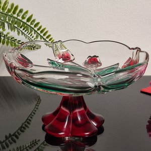 Vintage 70s glass bowl with red tulips, mid century footed pressed glass bowl - cookies candies sweets fruits, vintage home decor glass bowl
