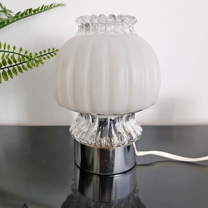 Vintage 70s table bedroom lamp, Graewe small vintage mushroom lamp, white glass chromed plastic table lamp, mid century decor home interior