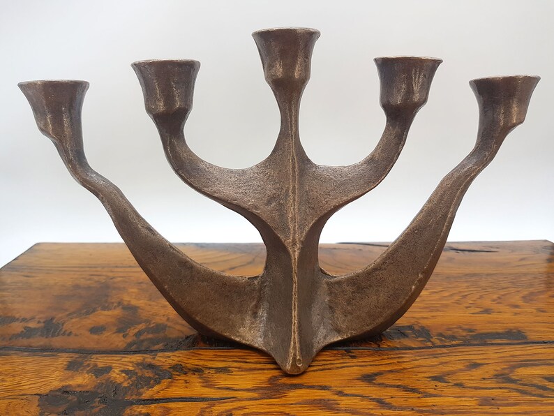 Vintage Brutalist Bronze Candle Holder 60s, Mid Century 5 Arms Metal