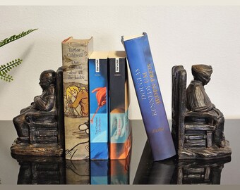 Heavy 2 vintage bookends grandma and grandpa figures, rare mid century black gold resin bookends, home or office decoration, birthday gift