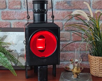 Vintage railway lantern petrol tail light Deutsche Bahn 1988, DB black petroleum signal lantern with two glasses, eye-catcher home decor