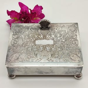 Scatola vintage placcata in argento Art Nouveau, scatola placcata in argento per conservare gioielli o sigarette in Inghilterra, soluzione di archiviazione decorativa - regalo di valore
