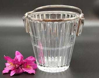 Cubitera francesa de cristal vintage, con asa y borde superior plateados, estilo años 50, ideal para la decoración del hogar o como regalo para mamá o papá.