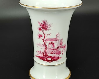 Vintage Hoechst porcelain Camaieu purple landscape vase, mid century funnel porcelain vase gold rim, vintage vase for home decor or gift