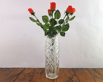 Vintage crystal glass flower vase 1960s, statement heavy Hollywood Regency crystal vase, gift for wedding for mom, crystal glass home decor