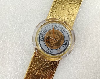 New vintage Pop Swatch GUINEVERE PWK169 never worn with new battery, King Arthur design, gold leather band, great for collectors, gift