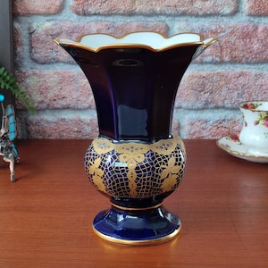 Vintage cobalt porcelain Art Deco vase 30s, gold lace pattern vase, vase Hutschenreuther Hohenberg, vintage vase home decor or nice gift