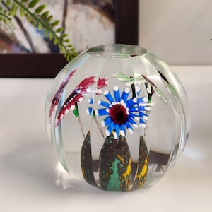 Heavy vintage glass paperweight faceted ball from the 70s, clear glass ball with three flowers, mid century glass art gift home office decor