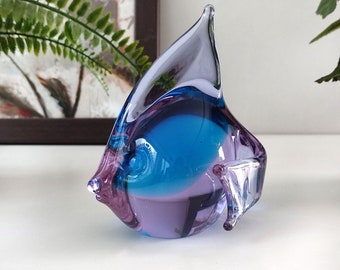 Vintage fish sculpture by Livio Seguso for Gral Germany 70s Murano glass with signature, mid century blue purple collector glass sculpture