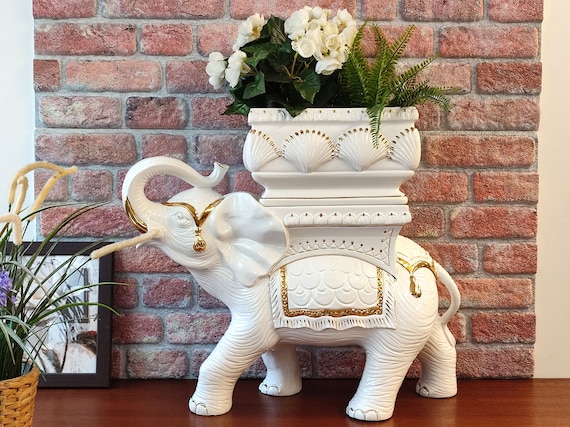 Large Vintage Elephant White Gold Ceramic Plant Stand or