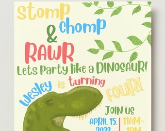 May include: A green dinosaur with a toothy grin is featured on a birthday party invitation. The invitation is for a boy named Wesley who is turning four. The invitation says "Stomp & Chomp RAWr Lets Party like a DINOSAUR!" and includes the date and time of the party.