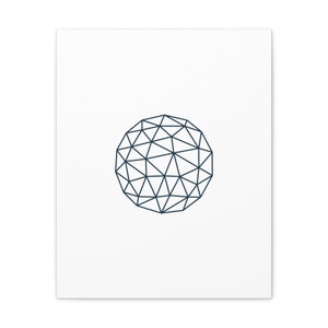 May include: A white canvas print featuring a geometric sphere design. The sphere is composed of interconnected triangles, rendered in a dark navy blue. The artwork has a minimalist aesthetic, suitable for modern decor.