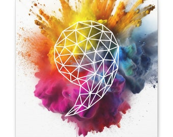 Coma digital de estructura alámbrica sobre polvo Holi explosivo: descarga de archivos, explosión de color, impresión en lienzo, diseño de baja poli, decoración de pared para sala de estar