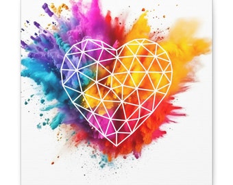 Corazón digital de alambre sobre polvo Holi explosivo: descarga de archivos, explosión de color, impresión en lienzo, diseño de baja poli, decoración de pared para sala de estar