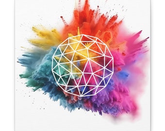 Período de wireframe digital sobre polvo Holi explosivo: descarga de archivos, explosión de color, impresión en lienzo, diseño low poly, decoración de pared para sala de estar