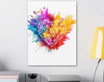 Explosión de color con forma de corazón, polvos Holi, lienzo con estructura alámbrica, diseño de polígonos reducidos, decoración de sala de estar, vibrante y emotivo, emoji