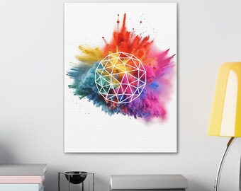 Período sobre explosión de color, polvo Holi, lienzo de estructura alámbrica, diseño de bajo polígono, decoración de sala de estar, signo de puntuación, vibrante