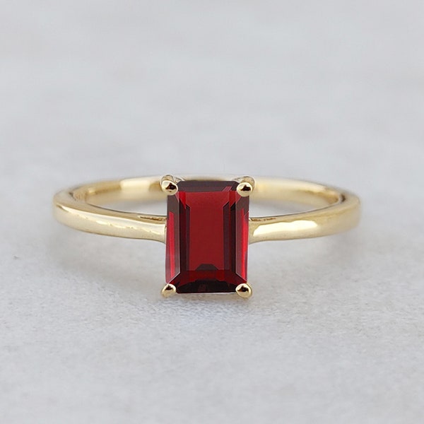 Natural Red Garnet Octagon Cut Gemstone Emerald Cut Ring, Solid Silver Garnet Ring, Single Band Solitaire Ring