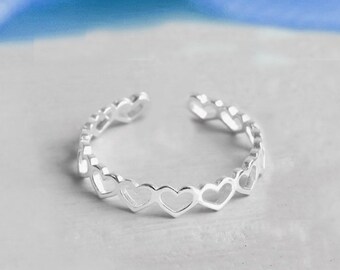 Sterling Silver Adjustable Heart Band Ring, Multi Hearts, Open Stack Ring, Romantic Gift For Her, Dainty, Special for Valentine Day Ring