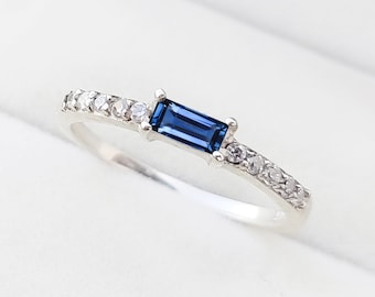 Baguette Sapphire Ring: Sterling Silver CZ Accent Stacking Ring