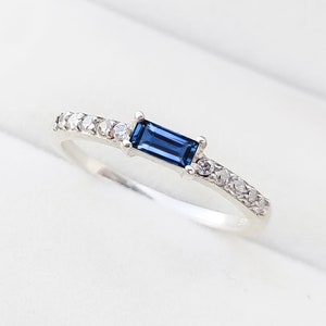 Delicate Baguette Sapphire Ring, Minimalist Silver and CZ Diamond Accent, Stacking Sapphire Ring, Anniversary and Wedding Ring, Ring for her