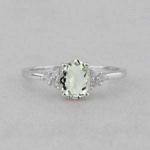 Vintage Natural Prasiolite Green Gemstone Ring, Green Amethyst Silver Ring With CZ Diamonds, Promise Ring, Anniversary & Wedding Ring