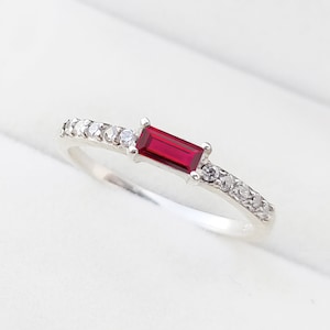 Ruby Baguette Eternity Ring, Lab Ruby With CZ Diamond Half Eternity Band, 925 Silver Ring, Silver Dainty Ring, Stack Ring, Anniversary Gift