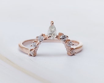 Crown Tiara Wedding Band, V-Curved Sterling Silver CZ Ring, Dainty Stackable Ring for Women