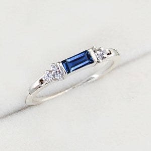 Stunning Baguette Sapphire Ring, Delicate Minimalist Bezel Set Ring, Sterling Silver Dainty Band, Stacking Sapphire Ring, Gift For Her
