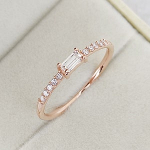 Minimalist Baguette CZ Ring, 925 Silver Eternity Stackable Band, Anniversary & Wedding Promise Ring, Dainty Statement Ring