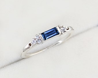 Baguette Sapphire Ring: Sterling Silver Minimalist Band with CZ Diamond