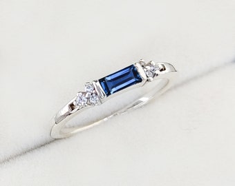 Stunning Baguette Sapphire Ring, Delicate Minimalist Bezel Set Ring, Sterling Silver Dainty Band, Stacking Sapphire Ring, Christmas Gift