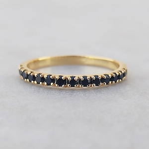 Vintage Natural Black Spinel Half Eternity Wedding Band, Half Eternity Band, 14k Gold Stackable Ring for Women, Dainty gift for her