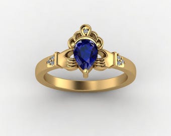 Vintage Sterling Silver Claddagh Ring: Blue Sapphire & Moissanite Crown