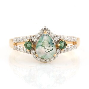 Pear Shaped Moss Agate Engagement Ring, Halo Bridal Ring, Unique Gift for Her