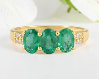 Oval Emerald Trilogy Ring with Moissanite Accents, Gold Promise Jewelry