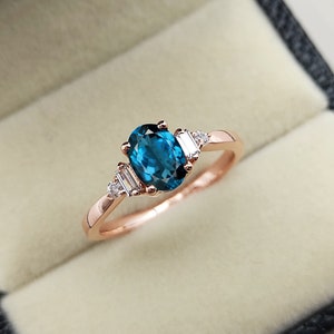 Oval London Blue Topaz Ring: Moissanite Accents, 925 Silver Anniversary Ring