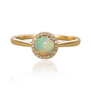 Natural Opal Halo Engagement Ring, Yellow Gold 925 Sterling Silver CZ Ring, Anniversary gift for her, October Birth Stone Ring