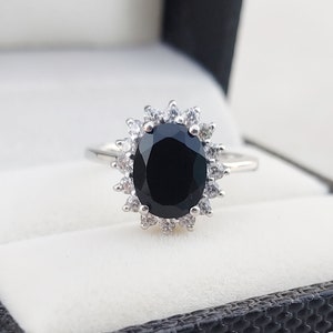 Bague halo d&#39;onyx noir naturel taille ovale, bague CZ halo d&#39;onyx noir, bague en argent sterling 925, bague de mariage et de fiançailles, cadeau pour elle