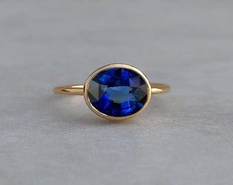 Blue Sapphire Oval Vintage Classic Ring, 925 Silver Gold Plated Ring, Bezel Set Stackable Ring, Sapphire Ring, December Birthstone Ring